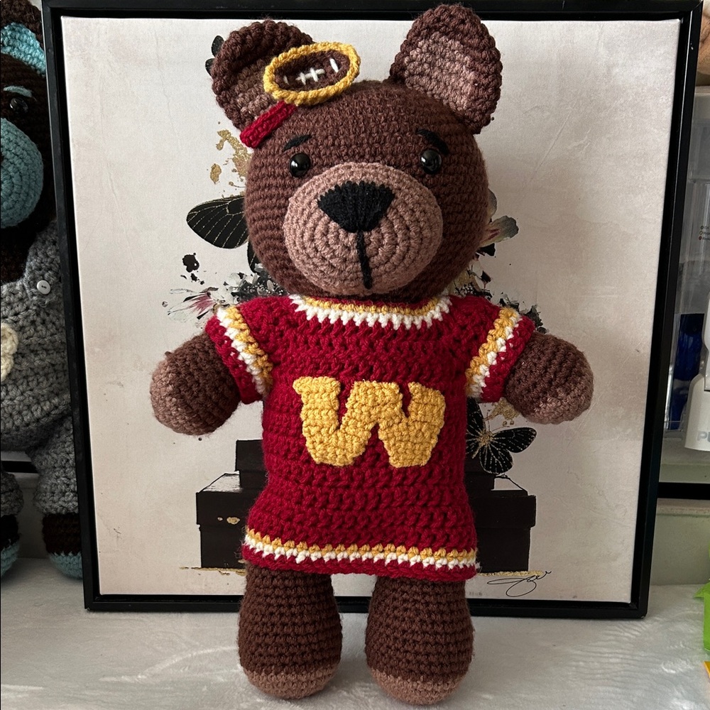 Crochet Teddy Bear with RedSkins Dress - Handmade